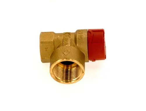 Sicherheitsventil aus Messing mit rotem Kunststoffdeckel, geeignet für Wasserinstallationen. Von der Marke Bosch.